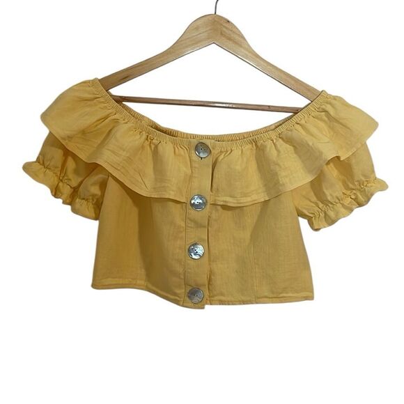TopShop Linen Crop Top, Golden Yellow Ruffled blouse, 8 - Picture 1 of 8